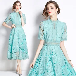 New Summer Luxioury Lace Embroidered Hollow Out Dress Women's O-Neck Short Sleeve High Waist A-Line Long Party Vestidos 6947