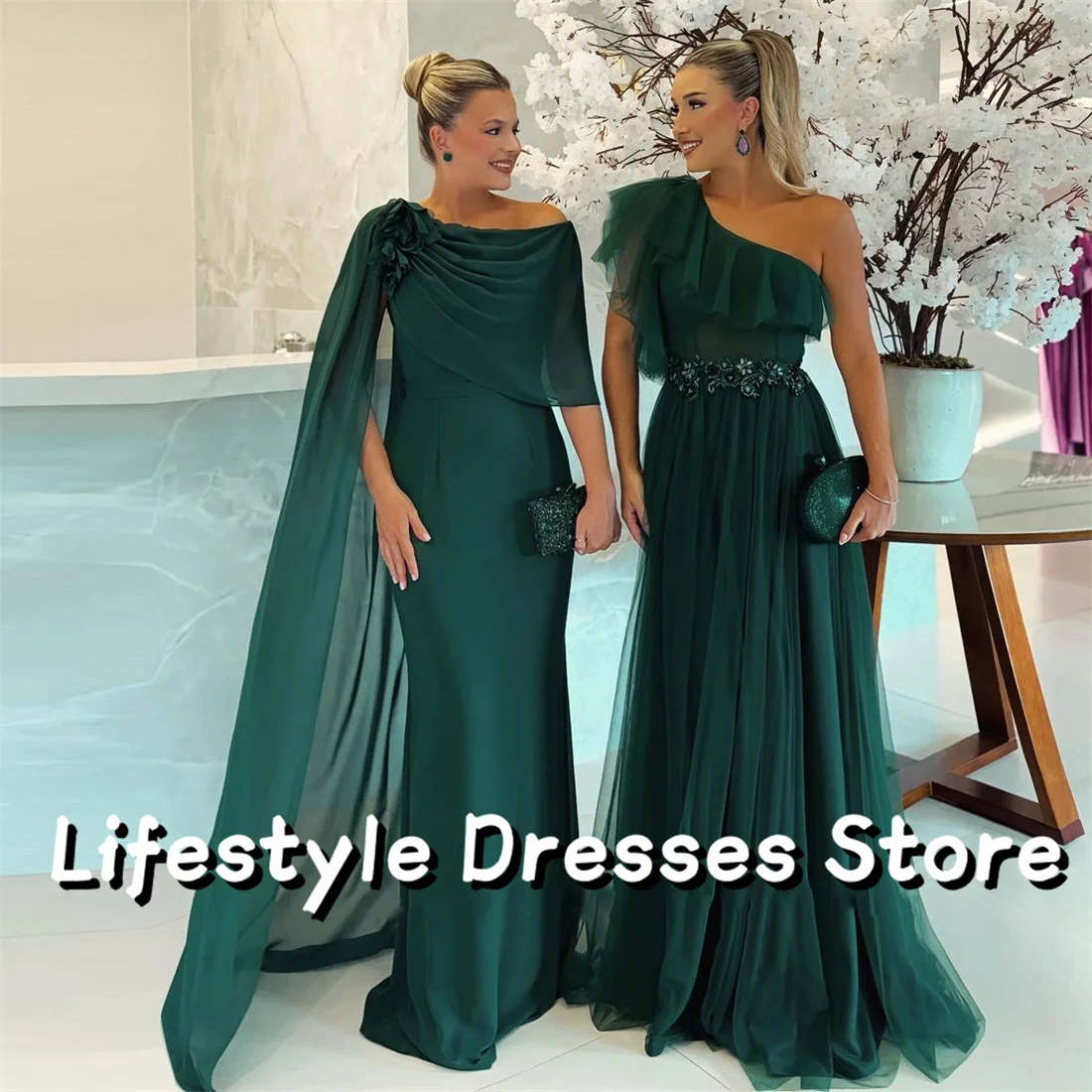 

Elegant Cape Sleeve Mermaid Prom Dresses Handmade Flower Evening Dresses Party Gown vestidos de Mother Of The Bride Dress