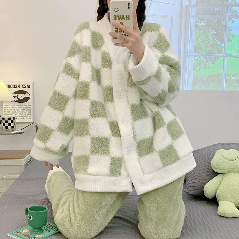 

Plaid Women Pajamas Set Fleece Sleepwear Winter 2 Piece Pant Home Suit Fluffy Button Cute Piiama Warm Korean V-neck Night Wear