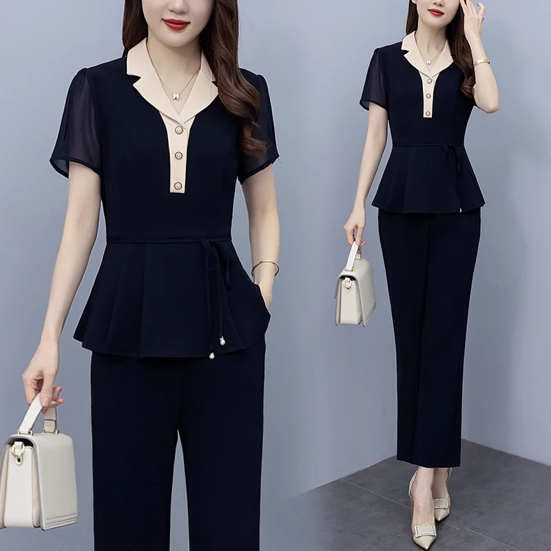 Women Summer Clothing Sets 2023 New Wide Leg Pants & Blazer Collar Slim Patchwork Top 2 Pieces Outfits Office Lady Pantsuits