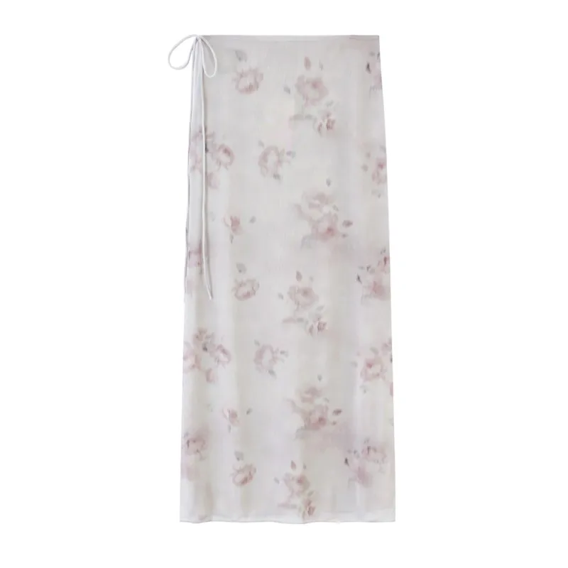 Women's Flower Print Silk Net Midi Skirt Summer New High-waist Side Lace-up Straight Skirt Fashion Casual Female Vacation Skirts