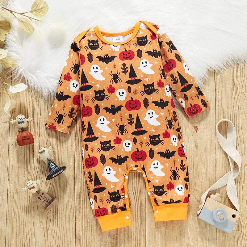 0-18 months Spring and Autumn New Halloween Newborn Baby Boys and Girls Festival Printed Long sleeved jumpsuit