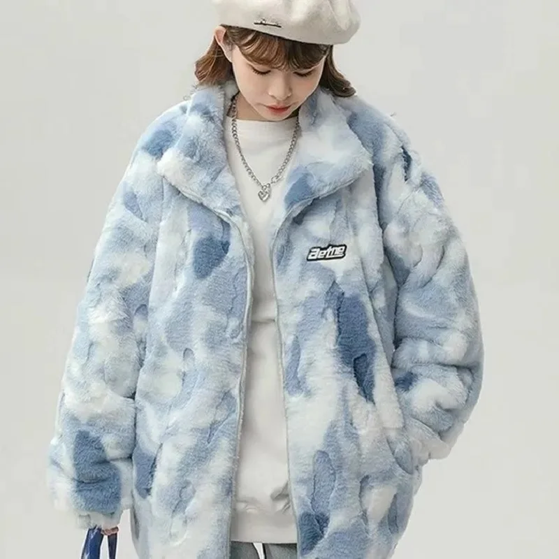 

Женская флисовая куртка с принтом тай-дай, верхняя одежда на молнии, теплые плюшевые куртки в стиле Харадзюку, повседневное свободное женское толстое пальто, новое осенне-зимнее пальто