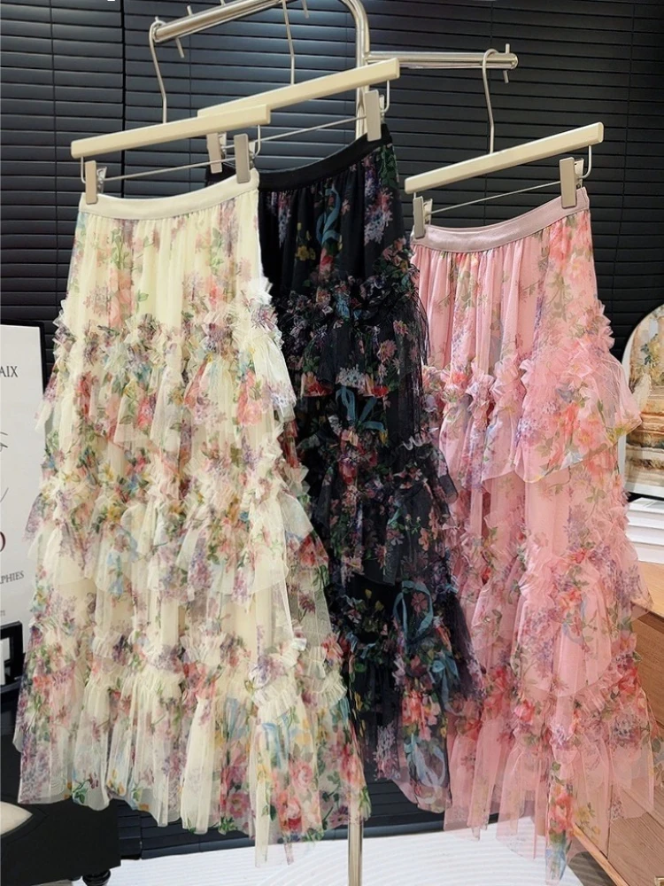 Women's Summer Slimming Long Cake Skirt High Elasticity Commute Style Fashionable Heavy Embellished Printed Lace Half Skirt
