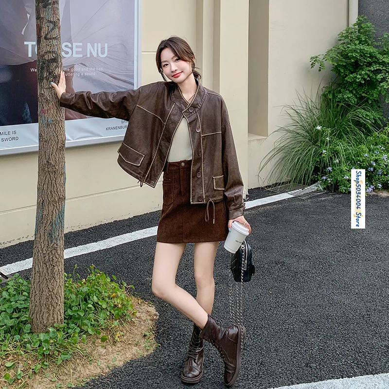 Stand Collar Single Breasted Long Sleeve Drawstring Short PU Leather Jacket for Women Coat Outerwear Spring Fall Streetwear 0669