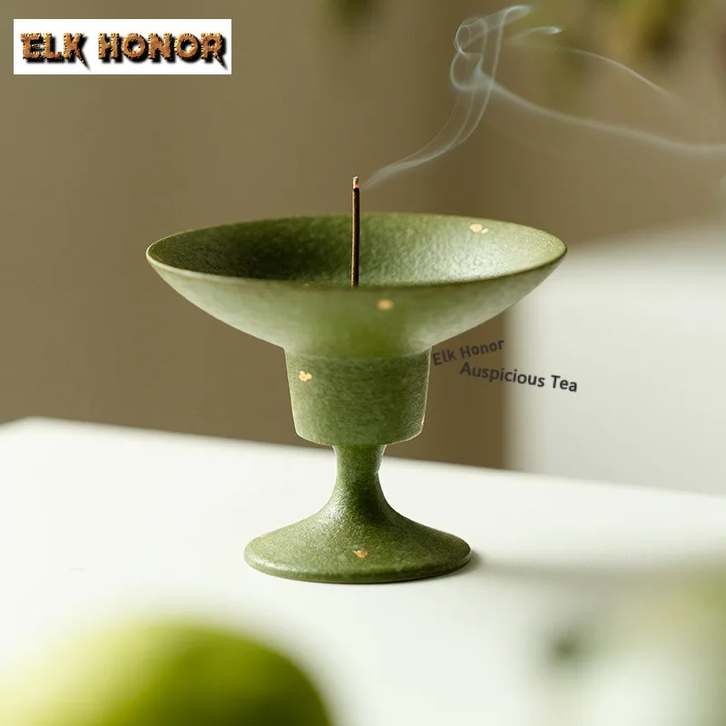 Green Tangerine Gold Sprinkled High Foot Incense Holder Zen Garden Incense Burners Consecrate Censer Home Accessories Ornaments