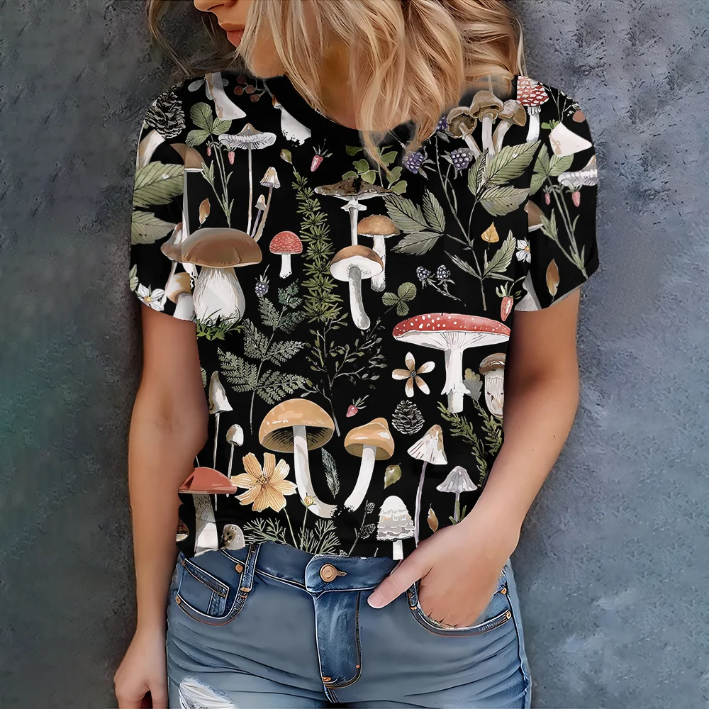

Женская черная футболка с принтом грибов в стиле природы, повседневный летний стиль, топ с круглым вырезом и короткими рукавами для повседневной носки