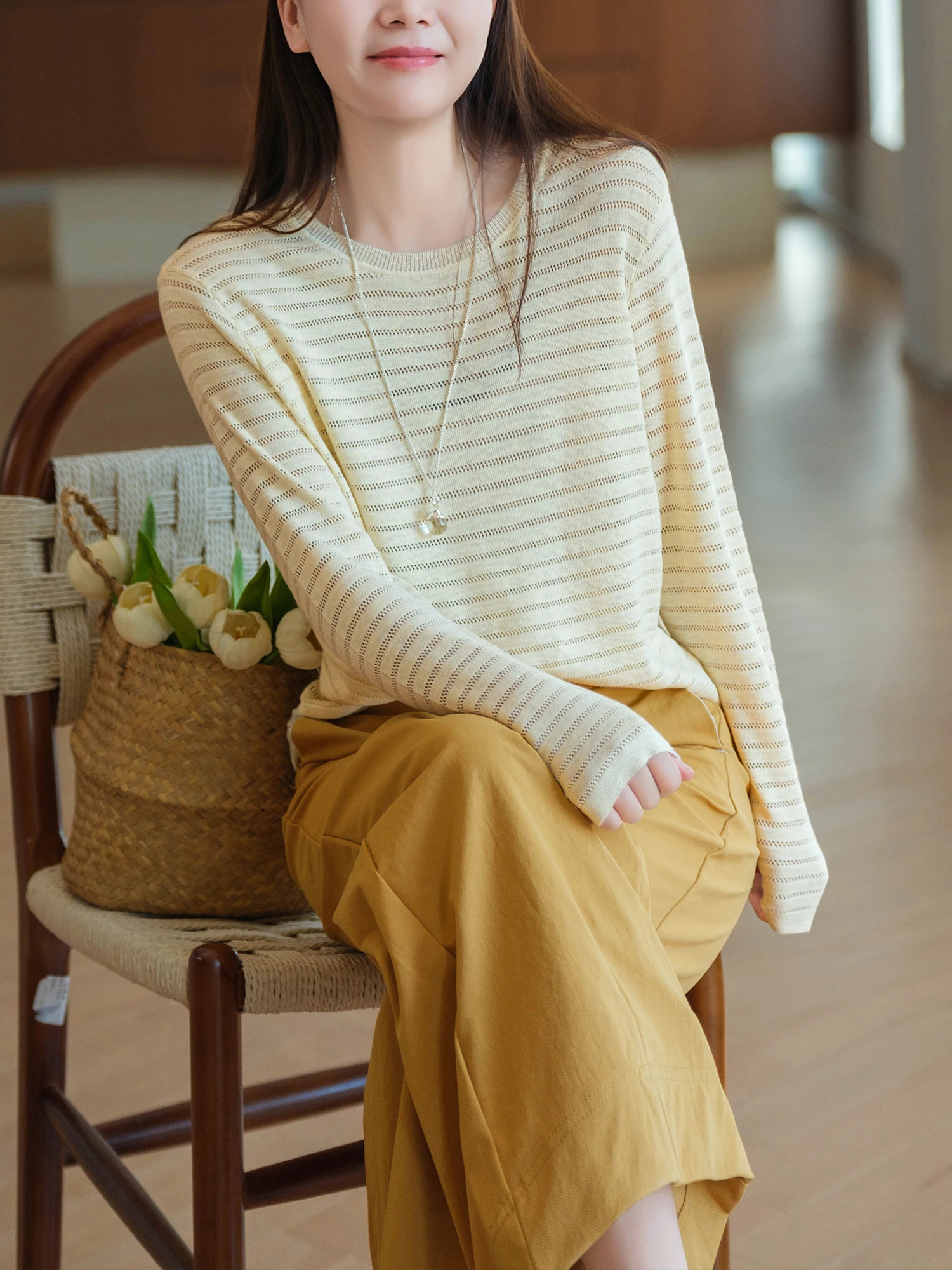 Loose round Neck Knitted Top with Cashmere Silk And Wool Hollow out Texture Elegant Style Long Sleeve Women's Sweater