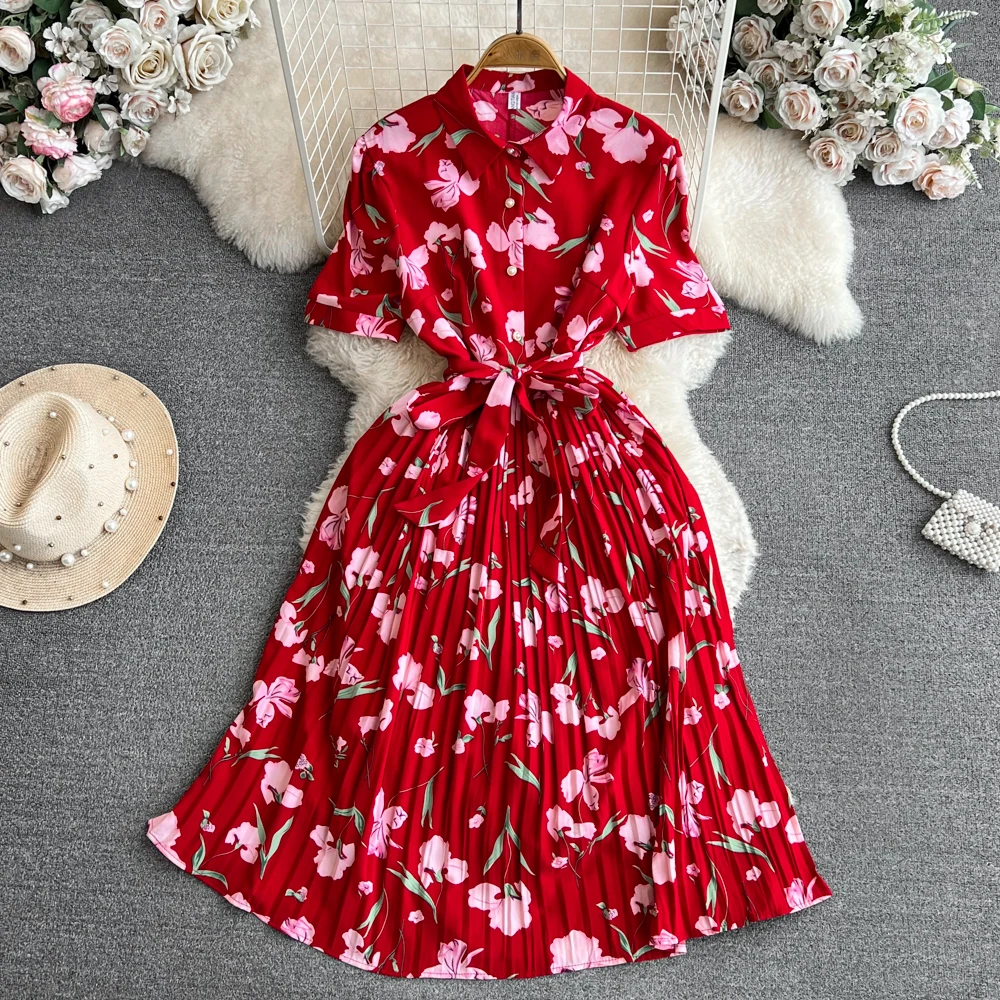 Sommer Damen Bedrucktes Plissiertes Midikleid Vintage Umlegekragen Einreihig Hohe Taille Elegantes Lässiges Kleid Damen Neu