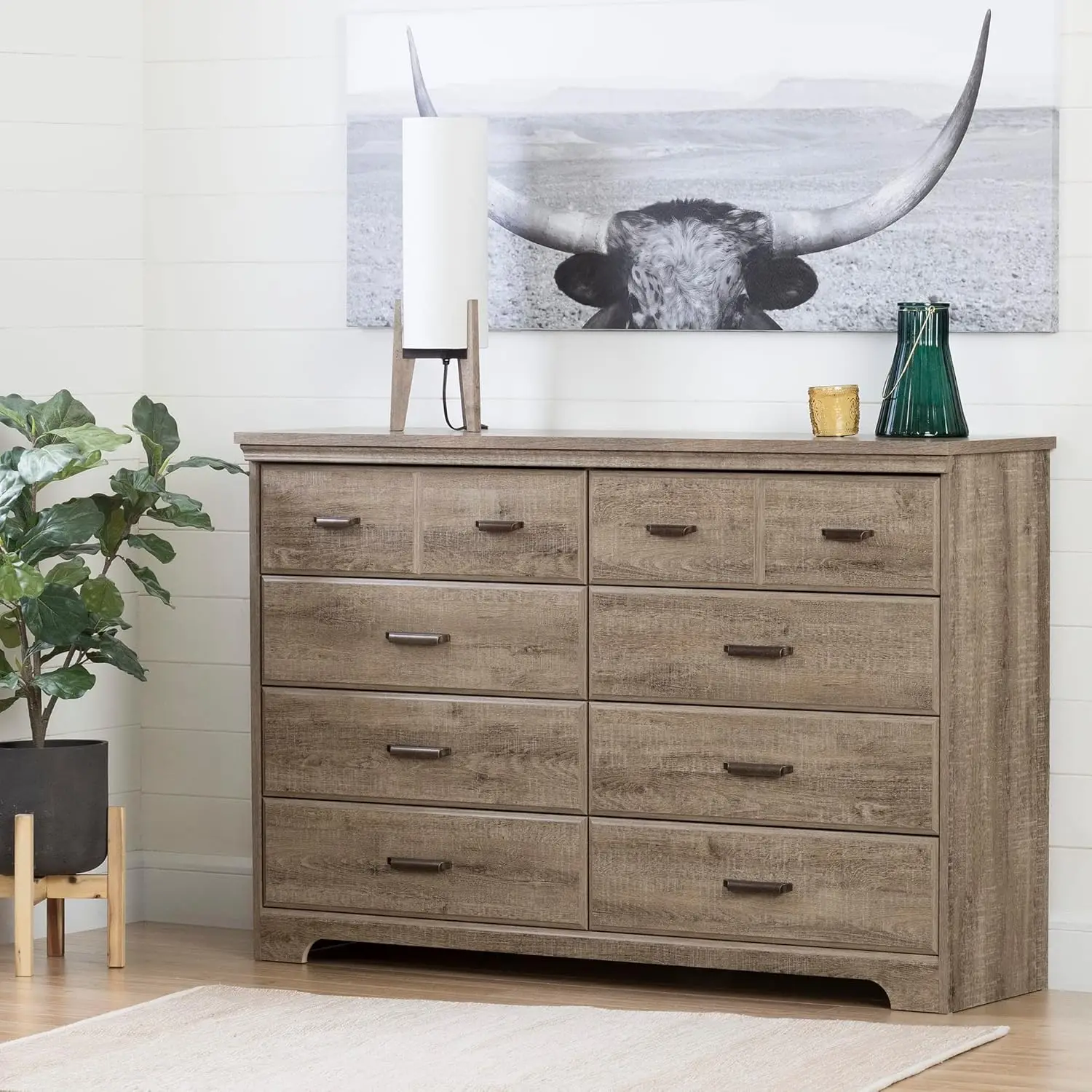 Collection 8-Drawer Double Dresser Weathered Oak with Antique Handles Featuring 8 spacious drawers and a wide space on top