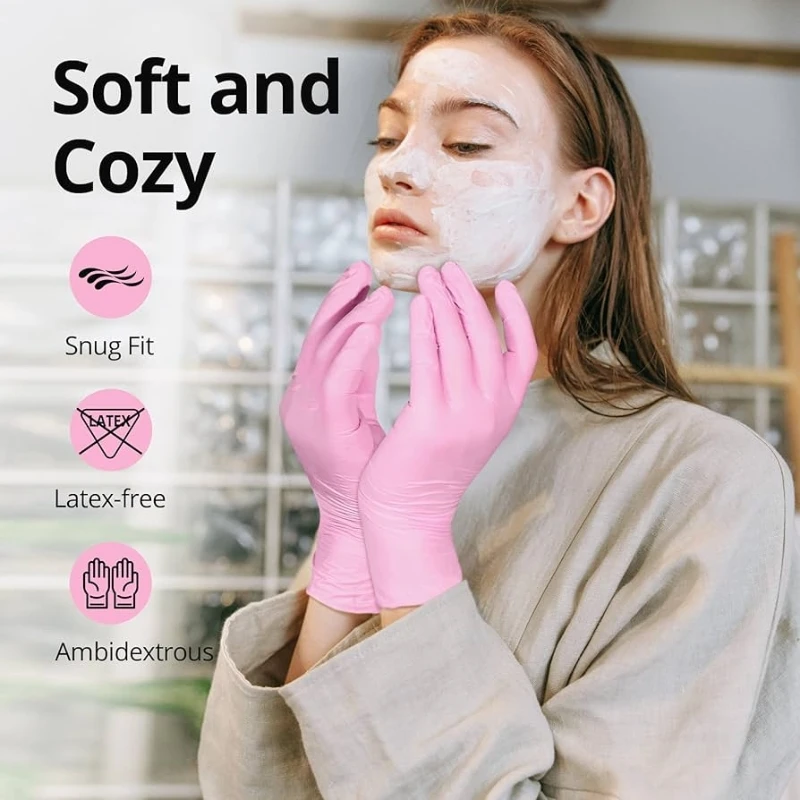 3.5Mil Pink Nitrile Gloves Non-Sterile Disposable Safety Gloves for Women Cleaning Tattoo Nail Salon Hair Dye Protective Gloves