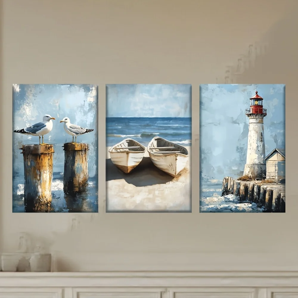 （No Frame 3PCS）-3pcs/Set, Canvas Painting--Unframed, Sea Boats, Seagulls, Lighthouses, Posters And Prints, Bar, Office, Perfe