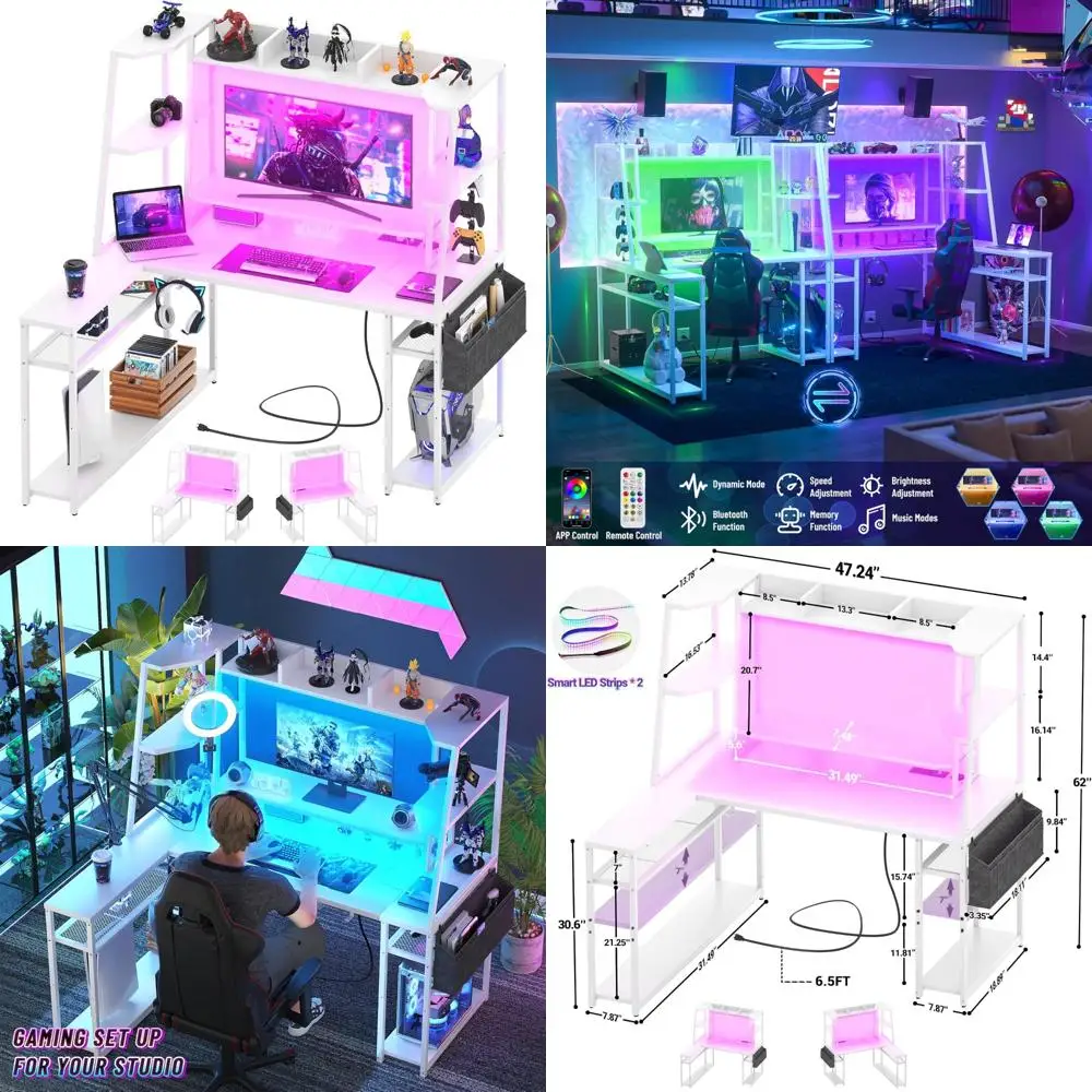 

L-Shaped Gaming Desk with Hutch, LED-lit 47 Computer Desk, Reversible PC Desk with Shelves and Power Strips