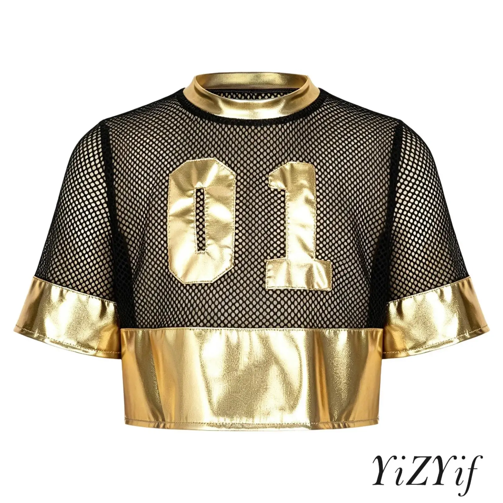 Children Girls Hollow Out Mesh Patchwork Metallic Crop Top Short Sleeve Number Graphic T shirt for Hip Hop Dance Sports