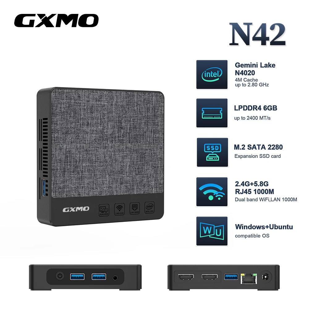 คอมพิวเตอร์ขนาดเล็ก N42 salange gxmo กับหน่วยประมวลผล N4020C Intel Gemini Lake LPDDR4หน่วยความจำ6GB eMMC 64G M.2 SATA SSD 256GB 4K หน้าจอคู่