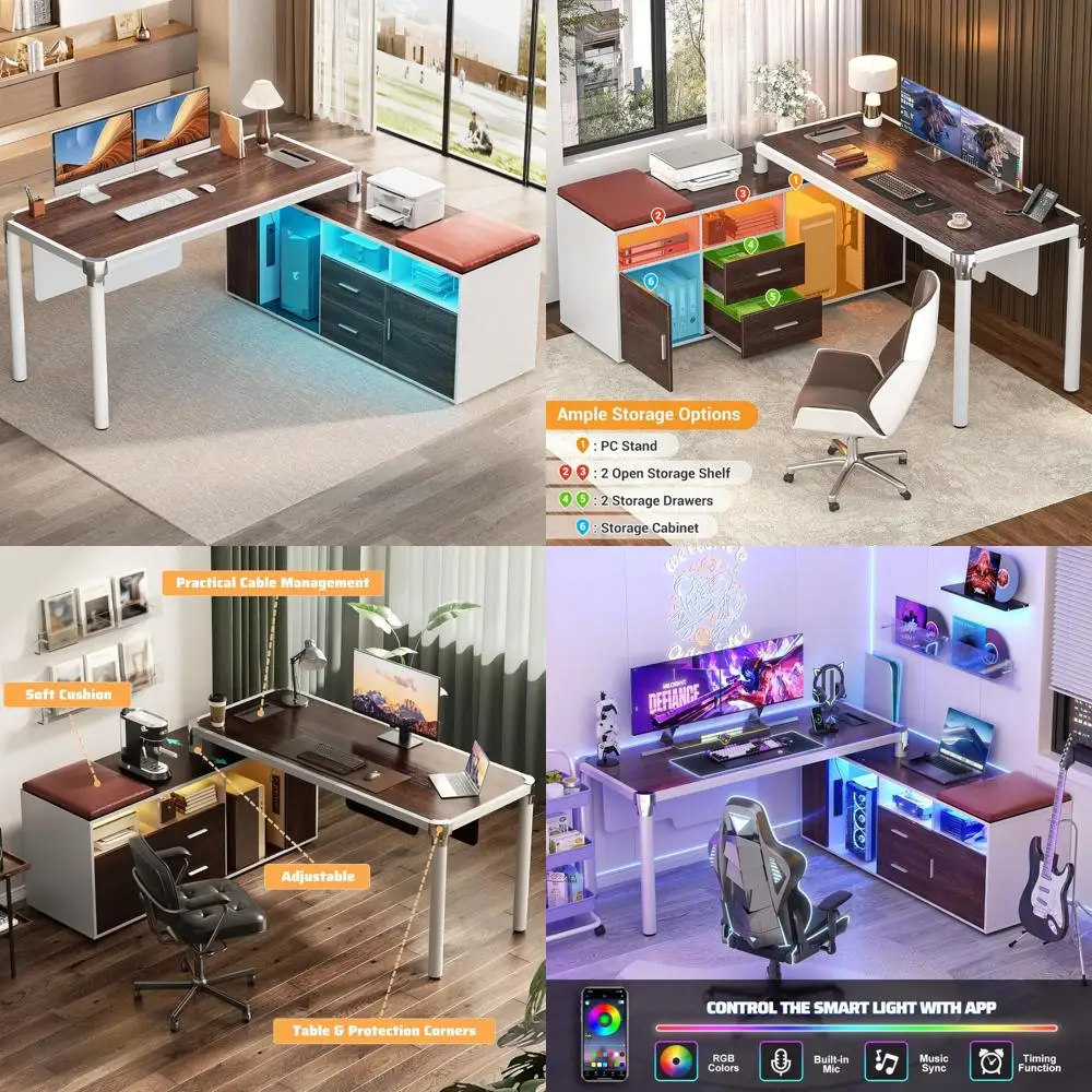 

L-Shaped Corner Computer Desk with File Cabinet, LED Lights, and Outlet for Large Home Office