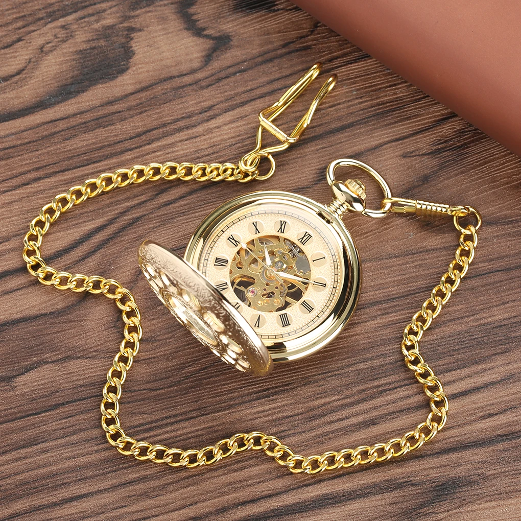 Transparent Hollow Roman Numerals Display Mechanical Pocket Watch Hand-Winding Luxury Vintage Pendant Chain Clock Gift Male