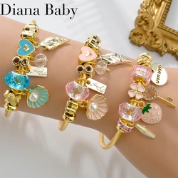 Y2K Stainless Steel Strawberry Charm Bracelet for Women Girls Cute Shell Cable Wire Bangle DIY Jewelry Fashion Gift Set