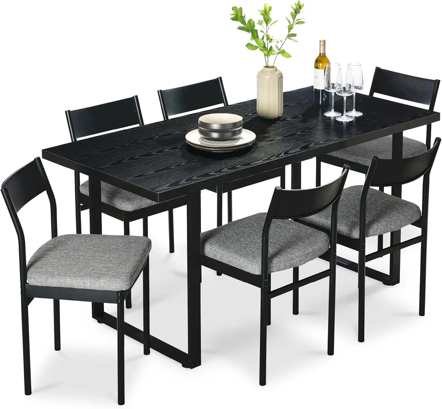 

7-Piece Modern Dining Room Set, Kitchen Table Set, Dining Table w/ 6 Chairs, Upholstered Cushions, Solid Metal Frame, Curved