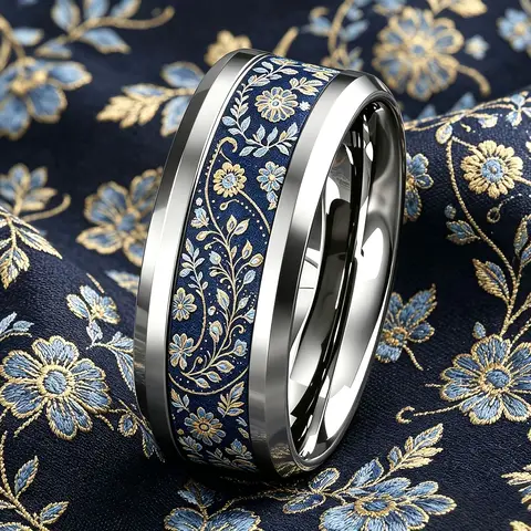 Bohemian Style Navy Blue And Golden Floral Stainless Steel Ring For Women Vintage Stackable Finger Ring Wedding Band Jewelry