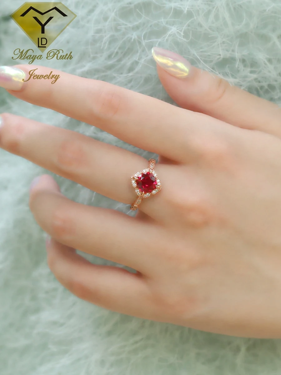Lab Created Ruby Real 925 Sterling Silver Retro Vintage Aesthetic Ring For Women Rose Gold Plated Unusual Style 2025 Trend New