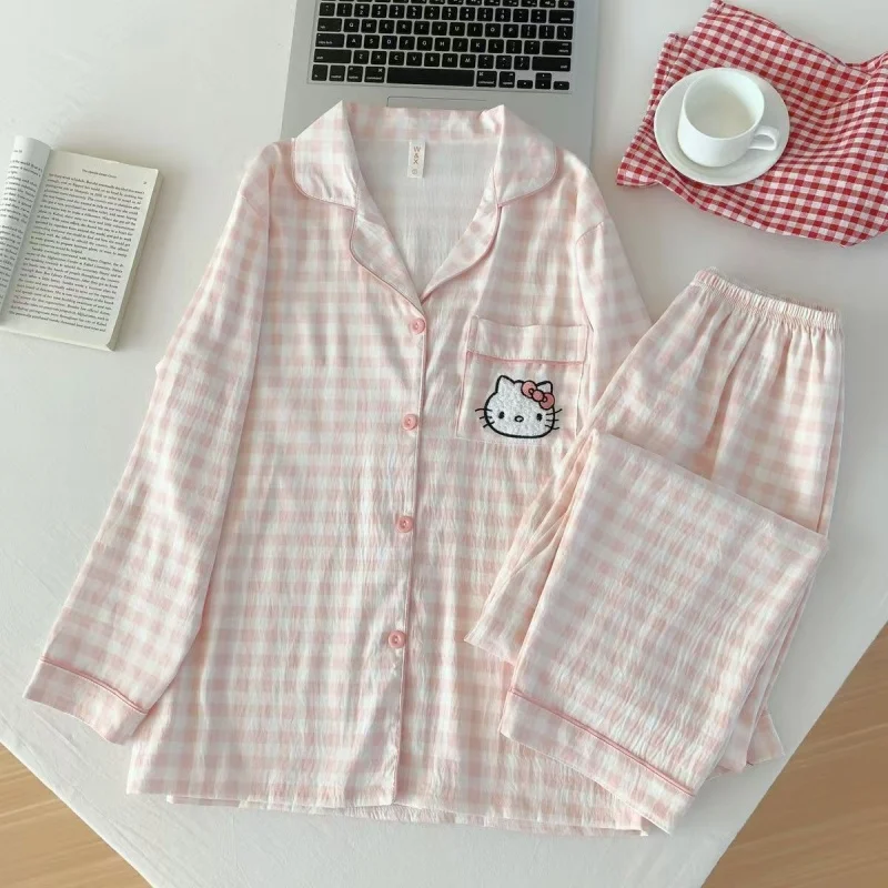 

Hello Kitty Pajama Set Pink Plaid Cartoon Pajamas Cotton Loose Comfortable Loungewear Set of Two Spring 2025 New