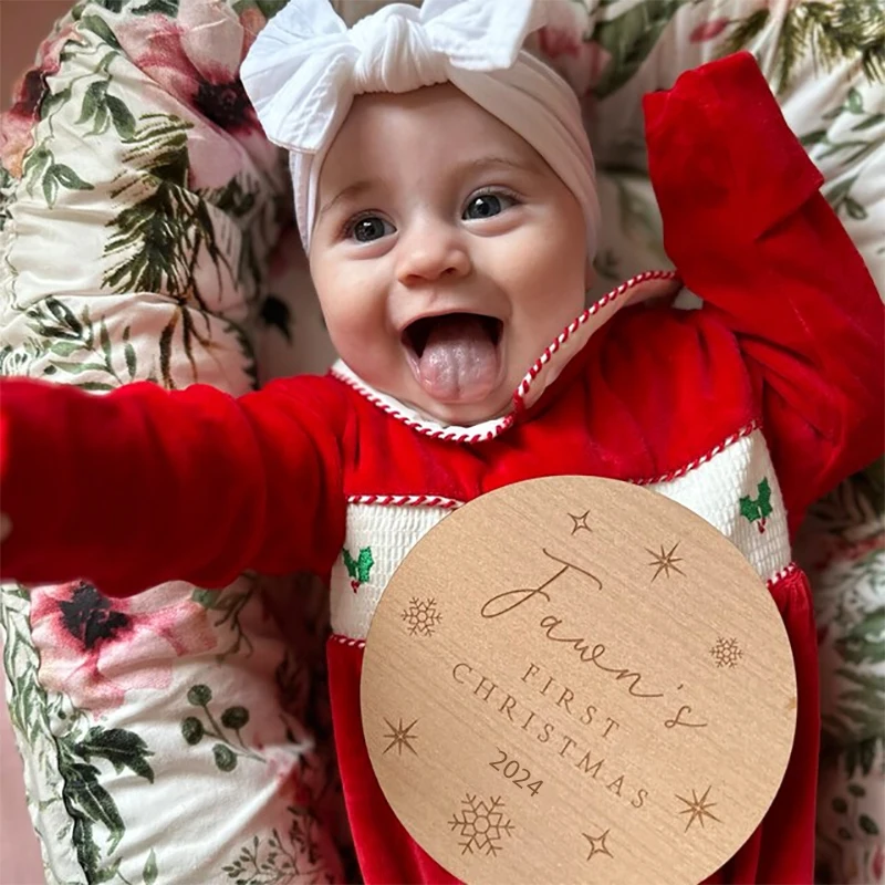 Personalised boy girl First 1st Christmas 2024 Wooden Milestone Card Xmas Tree Decoration Keepsake Baby shower Gift Photo Prop