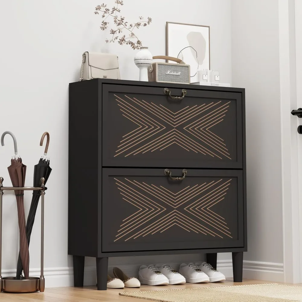 

Cabinet Storage for Entryway,Narrow Shoe Organizer Cabinet with Carved Fluted Pattern, Freestanding Shoe Rack Cabinet