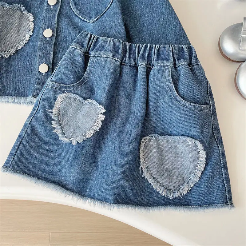 Kids Girls Denim Overcoat Denim Skirt Suit With Patchwork Love Decort Outfit Child Girl Clothes Jacket Wear Autumn