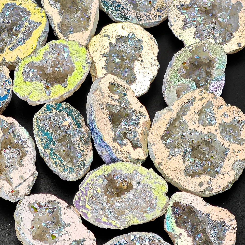 Natural White Crystal Cave Plated/Electroplated Cornucopia Crystal Cave Raw Stone Display Mineral Specimen Box Set Decoration