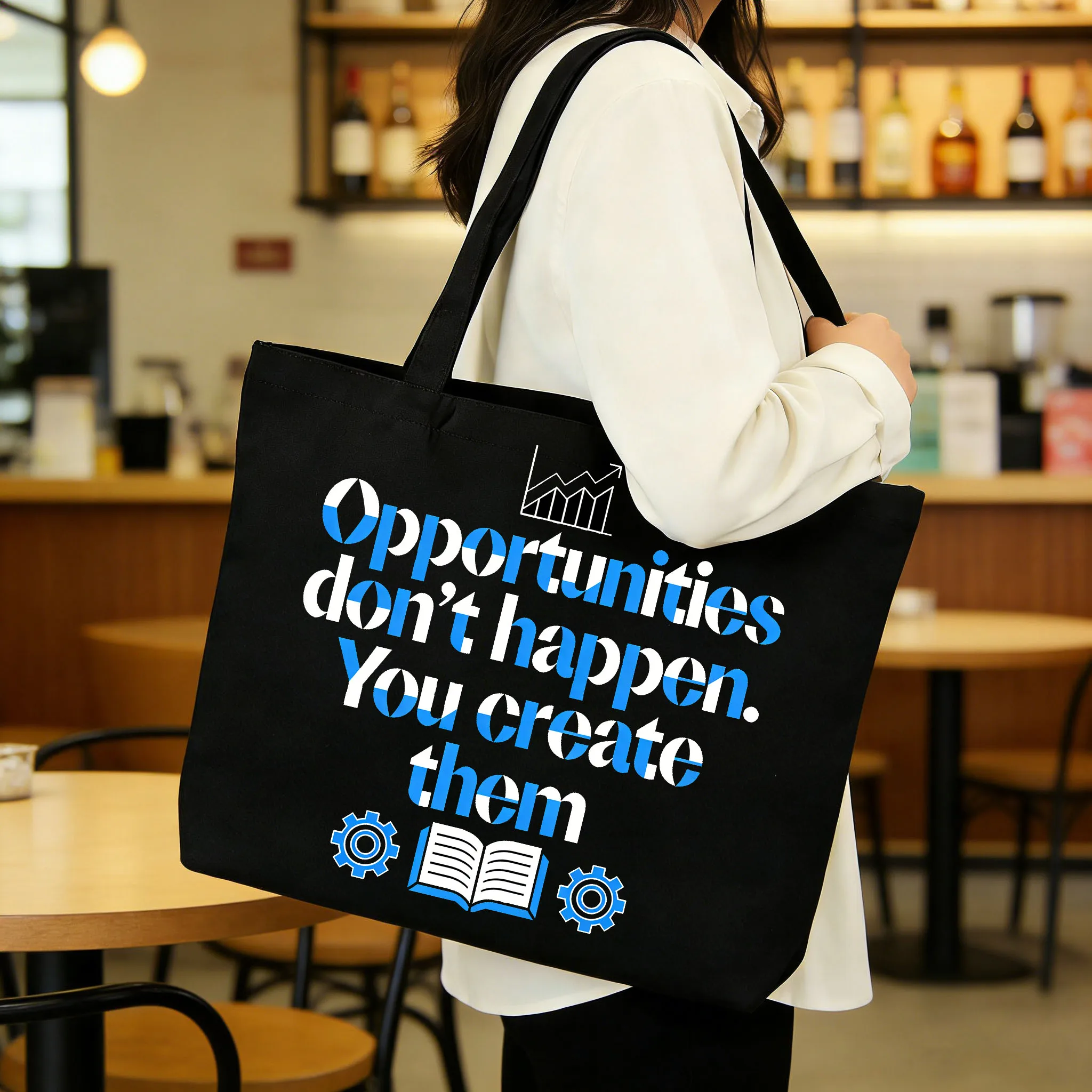 

1 шт., сумка-тоут с текстом и узором вдохновляющей тематикой, черная холщовая сумка на одно плечо, холщовая сумка, простая сумка для хранения