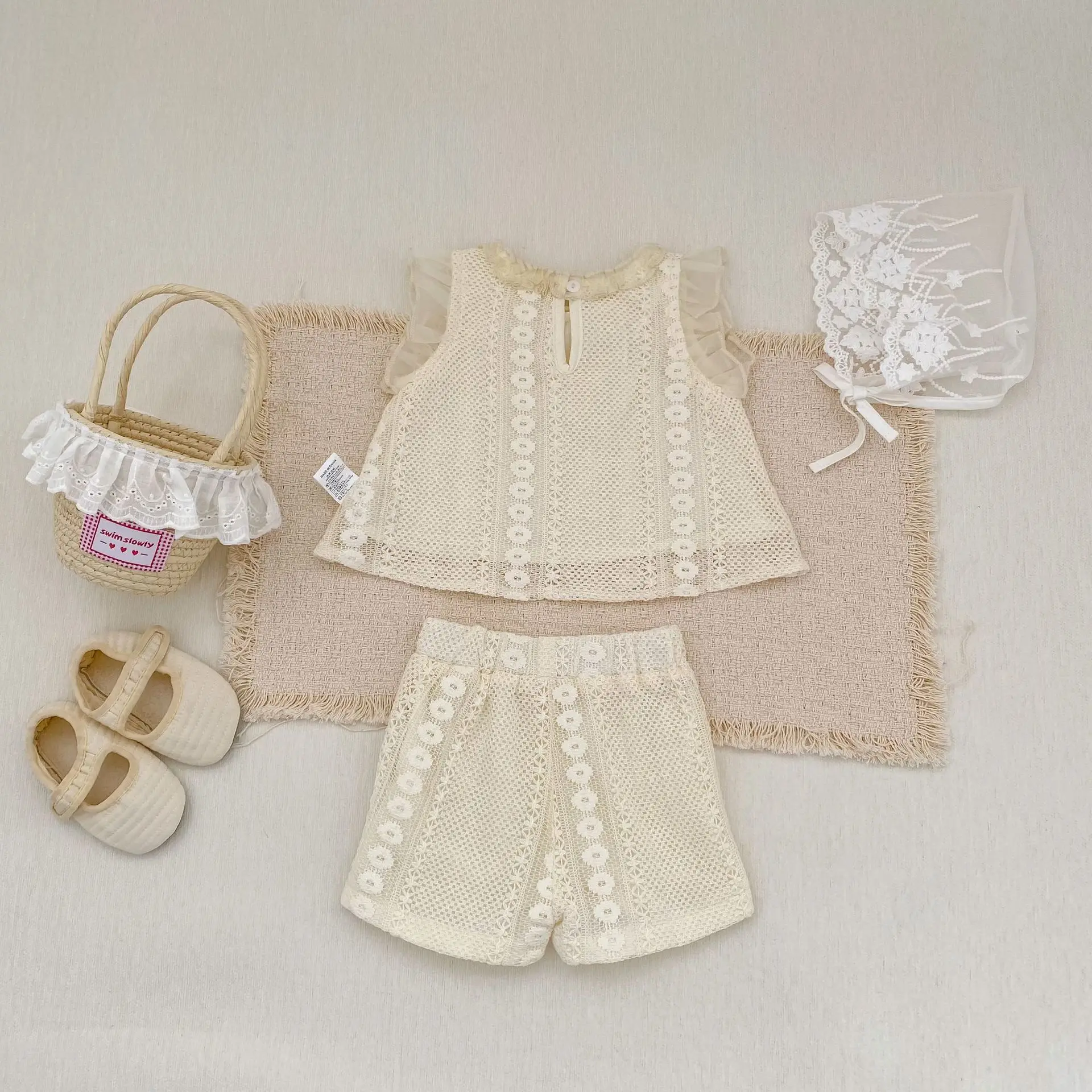 Summer New Children's Korean Style Set Girls' Thin Little Flutter Sleeve Hollow Out Flower Top and Pants Two-Piece Set