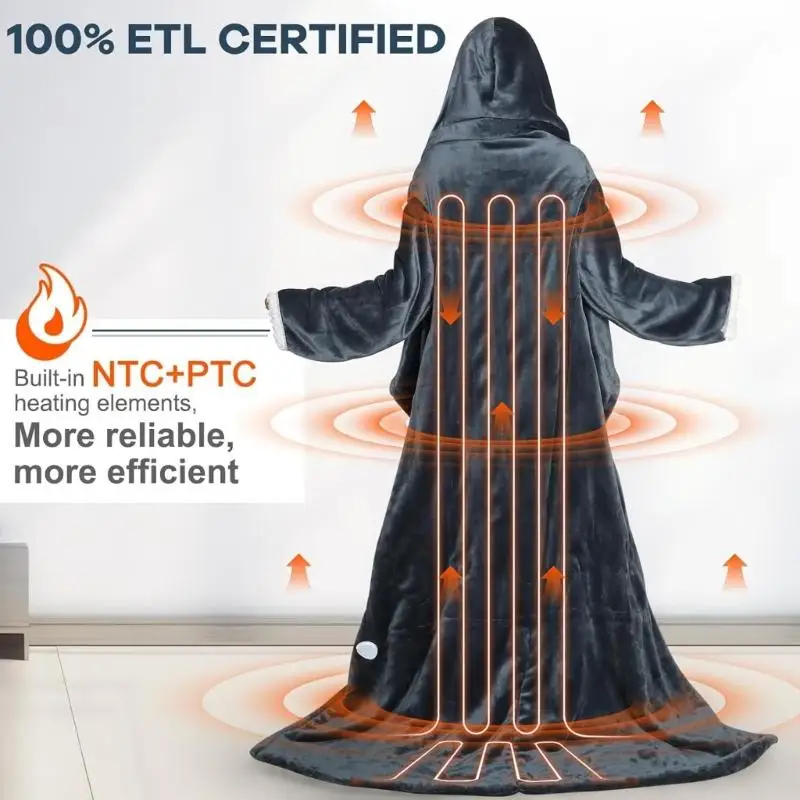 Wearable Heated Blanket with Sleeves and Hood Full Body Warmth Soft Fabric for Home Use D2RD