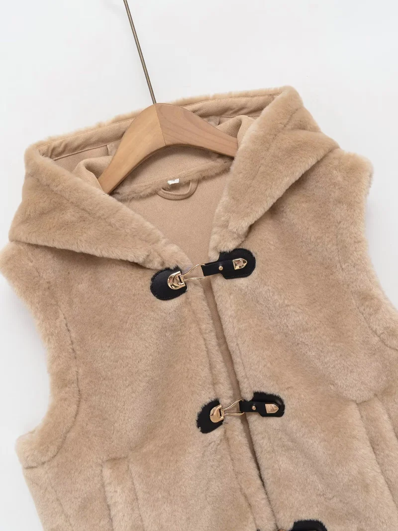 2025년 여성 가을/겨울 신상 패션 캐주얼 인조 모피 숏 헤어 슬리브리스 재킷 후드 베스트 코트