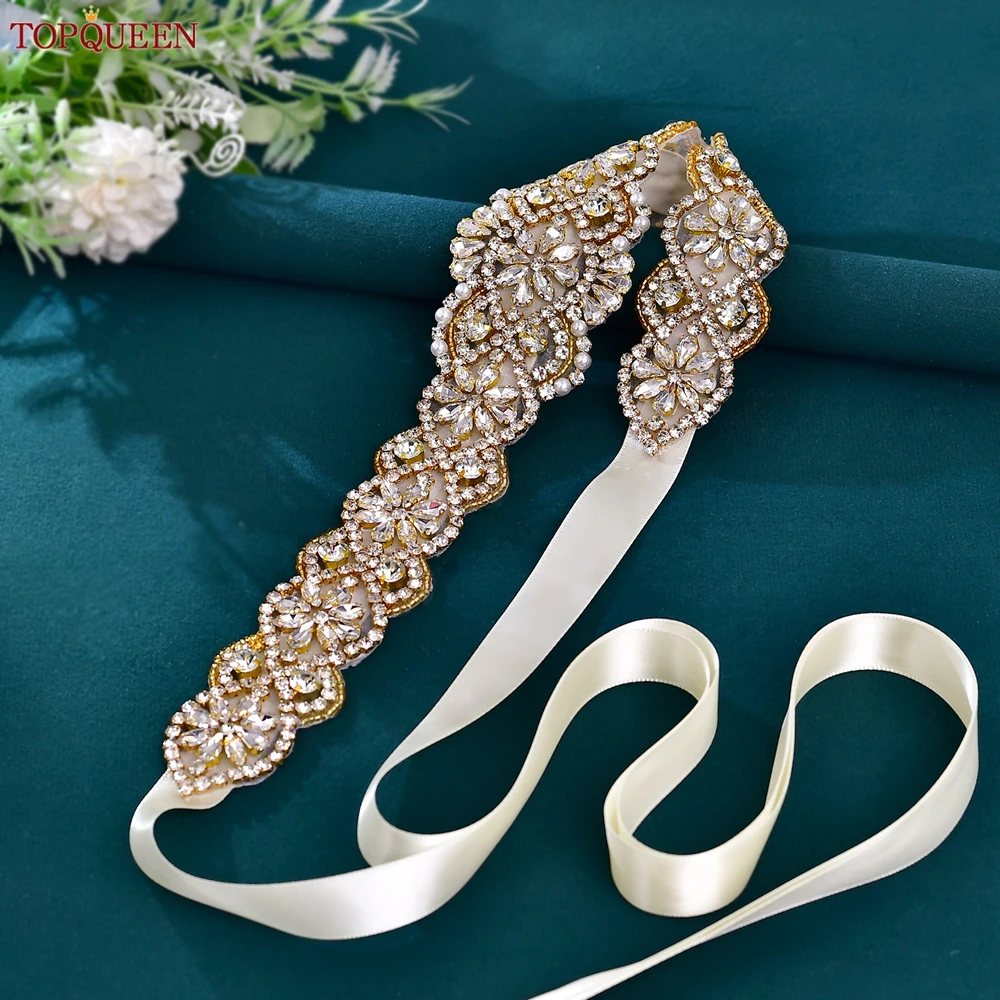 

TOPQUEEN Bride Dress Belt Luxury Crystal Golden Women Saree Wide Rhinestones Applique for Evening Wedding Dress Gifts S161B-G