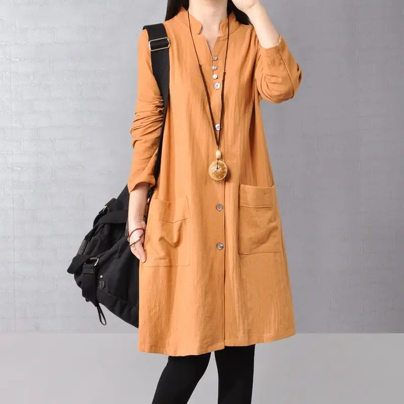 2023 New Spring and Autumn Art Retro Loose and Casual Fashion V-neck Pocket Solid Color Long Sleeved Oversize Women\'s Dress