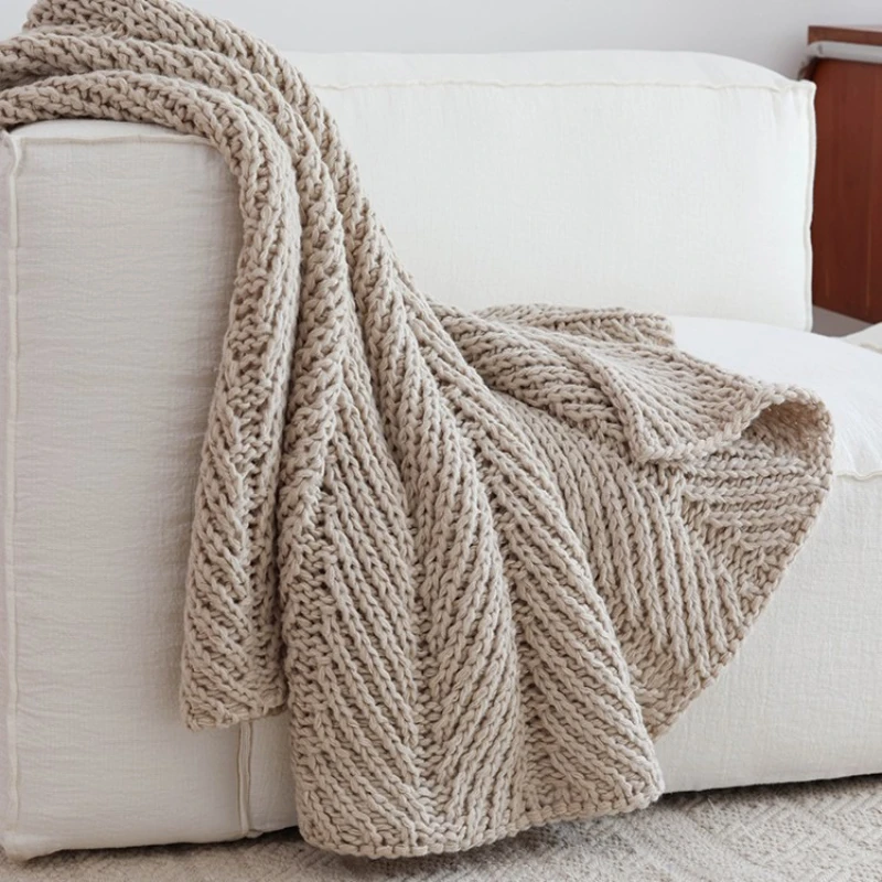 Thick Chunky Knitted Blanket Nordic Style Decorative Solid Beige Cream Cozy Throw Blanket For Sofa Living Room Bedroom 50x60