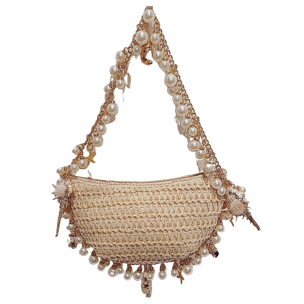 

Женская сумка-раковина с жемчужной цепочкой, элегантная соломенная сумка на плечо, дышащая праздничная пляжная сумка, вечерние сумки на плечо
