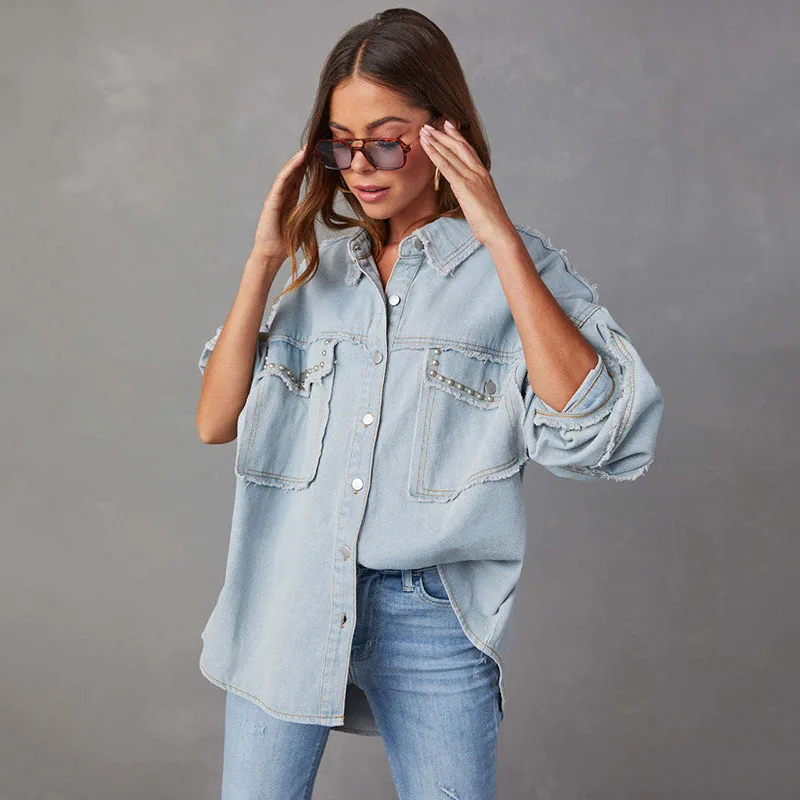 2024 New Arrivals Women's Denim Coat Streetwear Style with Rivet, Loose Mid-length Fashion Jacket