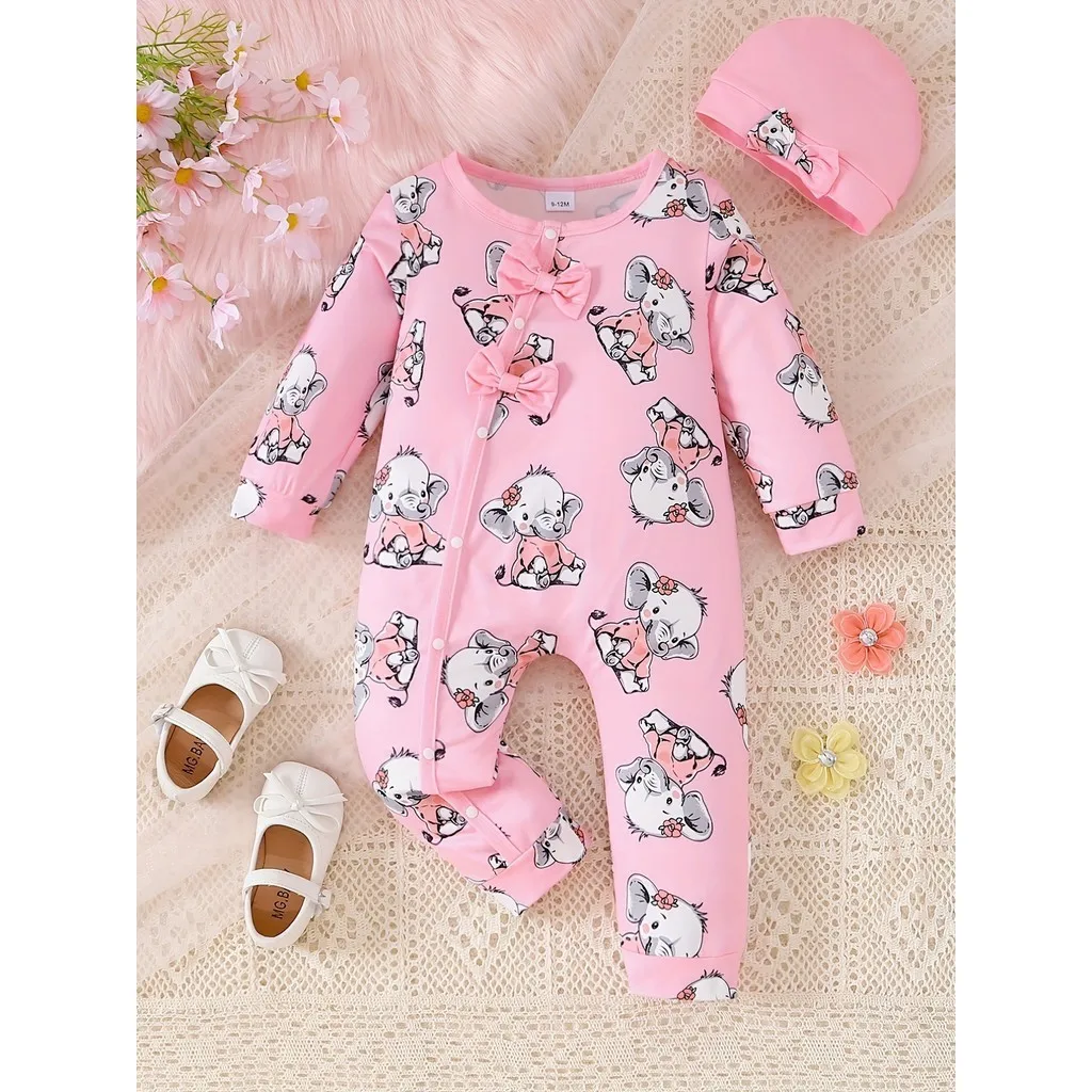 0-24 Months Newborn Baby Girl 2PCS Clothes Set Long Sleeve Elephant Romper+Hat Autumn Fashion Cute Toddler Girl Photograp Outfit