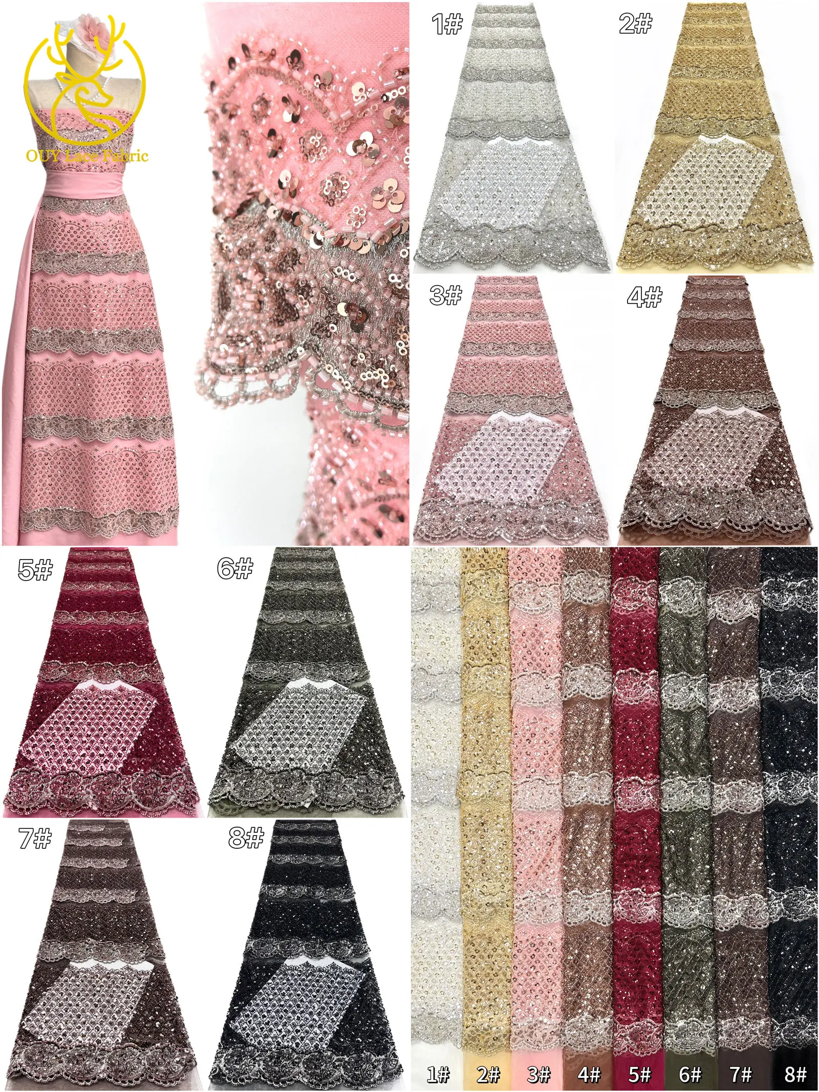 Rosa 3D Bräutigam-Stickerei Luxuriöse Französische Pailletten-Spitze 2026 Afrikanischer Nigerianischer Perlen-Spitzenstoff für Hochzeitskleider – Detail 3