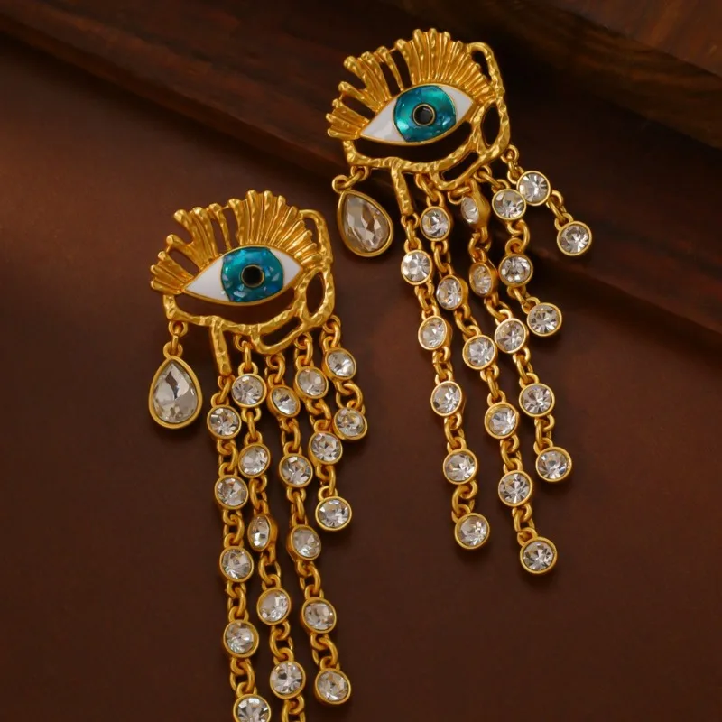 

Middle Vintage New Demon Eye Long Tassel Heavy Industry Design Long Stud Earrings Statement Earrings Dangle Earrings