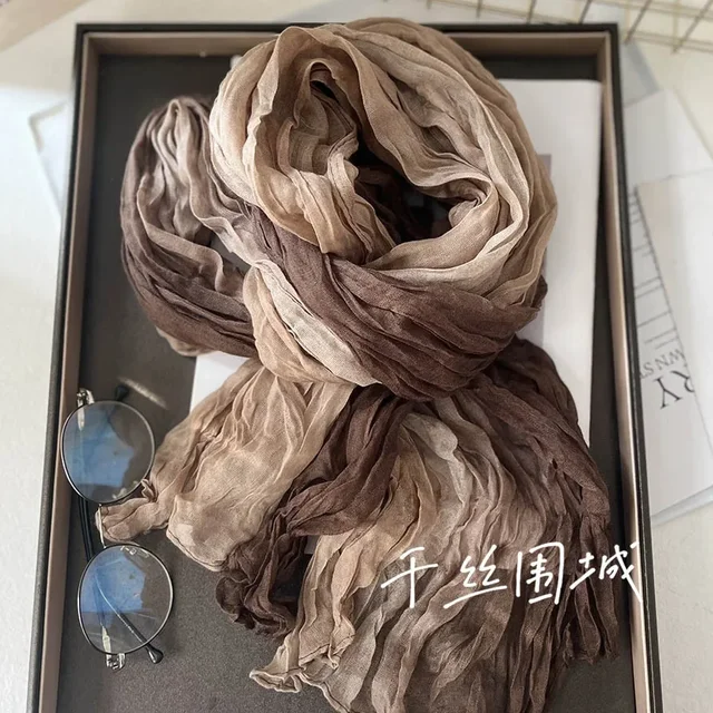VREOVOR New Scarf Hemp Hand Feel Gradient Blue Autumn Winter Retro Versatile Printed Women's Long Fold Shawl Soft Fashionable 6