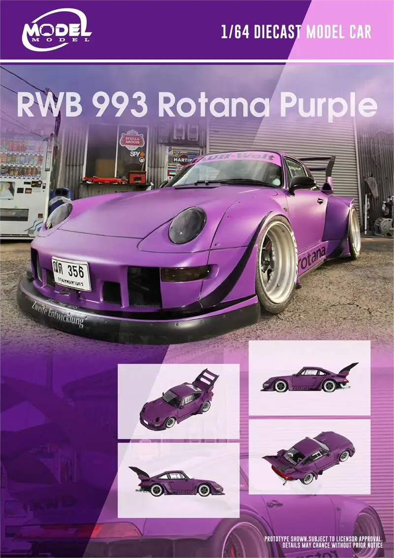ModelModel 1:64 RWB 993 Modello di auto pressofuso viola ad ala alta Rotana
