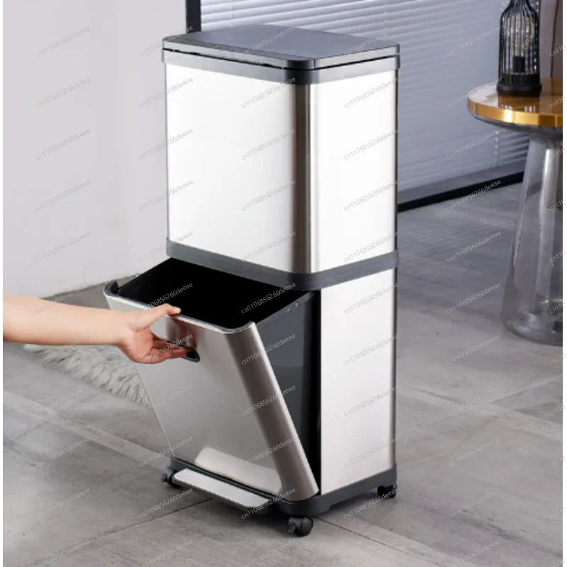 Stainless steel double-layer trash can with universal wheel sorting storage bucket, high-end kitchen pedal, no bending
