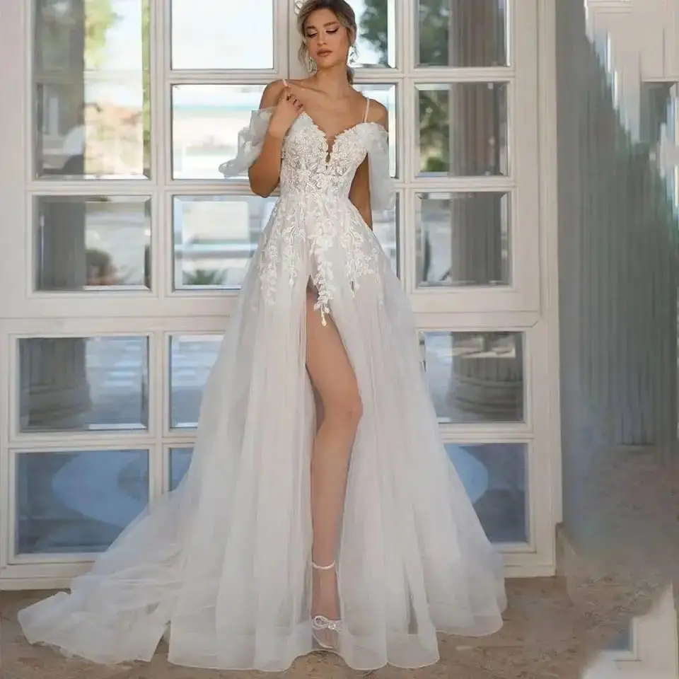 

Customized Sweetheart Lace Appliques Wedding Dress For Women 2024 Side Slit Bridal Gowns Sweep Train Robe De Mariee