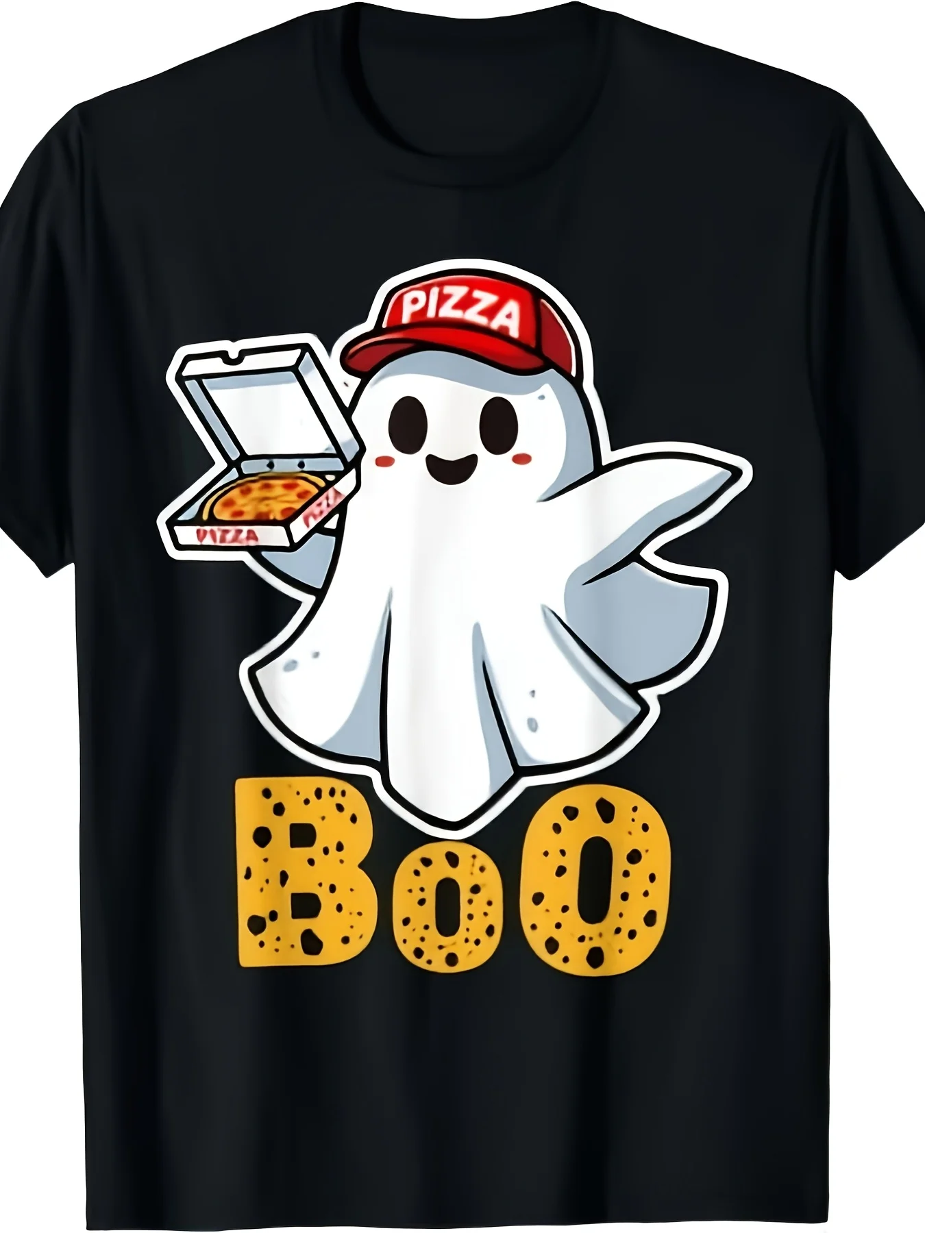 Camiseta unisex para hombre de Halloween con diseño de caja de pizza de Ghost Boo, con estampado de letras Bbo, camiseta retro informal de cuello redondo de tela gruesa, ideal para fiestas de disfraces, camiseta estampada de cuello redondo de estilo retro.