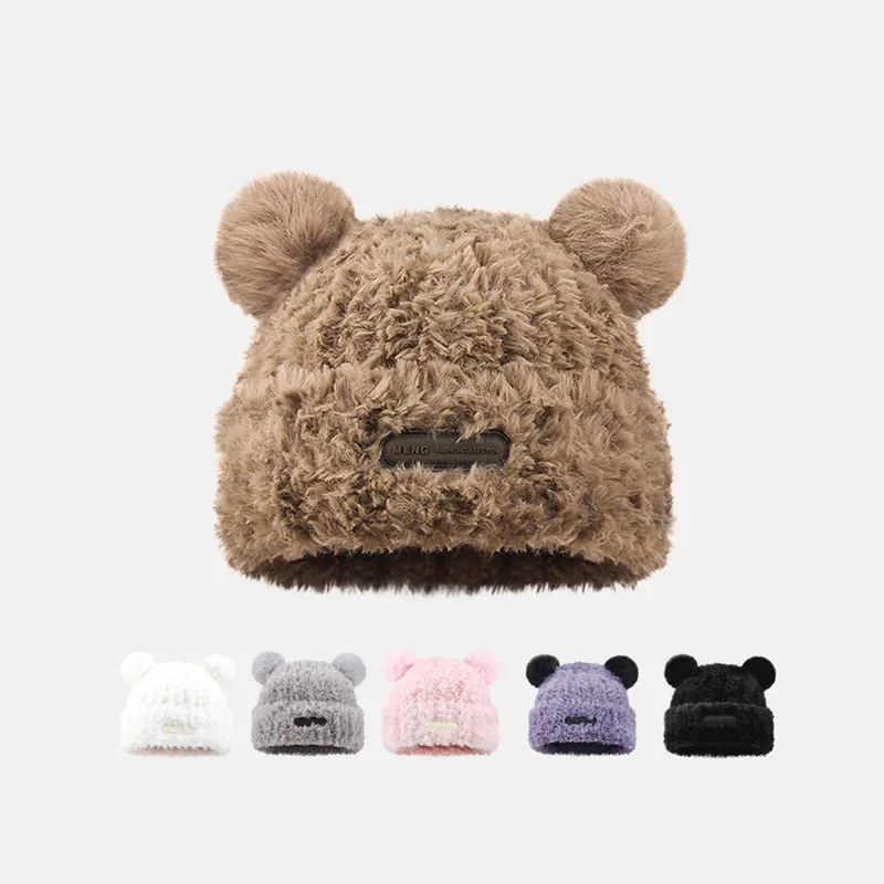 

Cute Ear Women Earmuffs Cap Cartoon Bear Ear Protection Hat Solid Color Plush Beanies Girl Winter Warm Fluffy Fur Headgear 모자