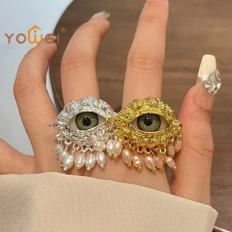 Latest Jewelry Vintage Big Eye Ring Delicate Imitated Pearl Glaze Ring Tassels Exaggerated Opening Finger Ring Party Favors