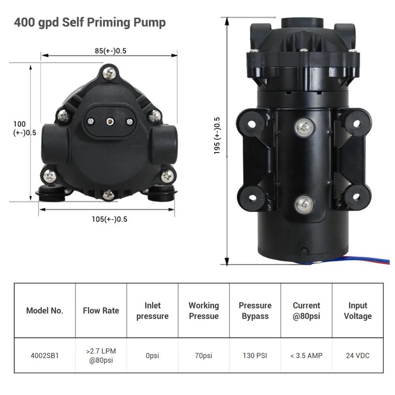 Pompe de surpression à osmose auto-amorçante, 400 Gpd RO, pompe à pression pour barrage 2.7 Lpm